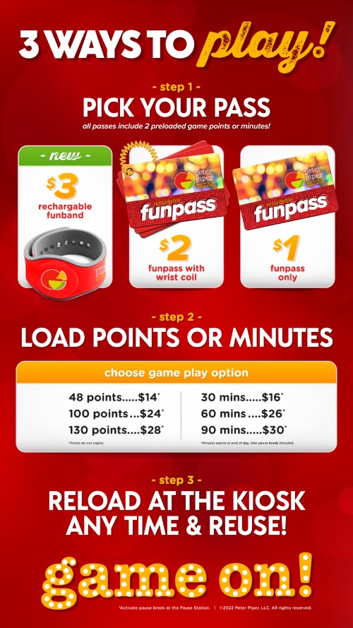 "Pick Your Pass" Peter Piper Pizza "Game On" fun pass options